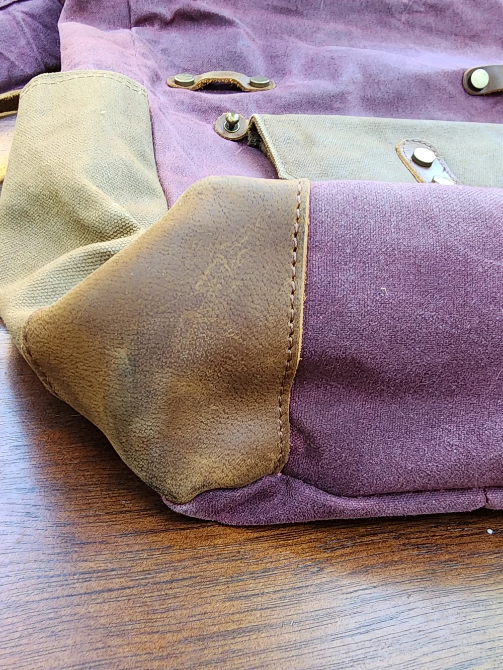 Vintage Waxed Canvas & Leather Roll Top Backpack Rucksack Purple Khaki